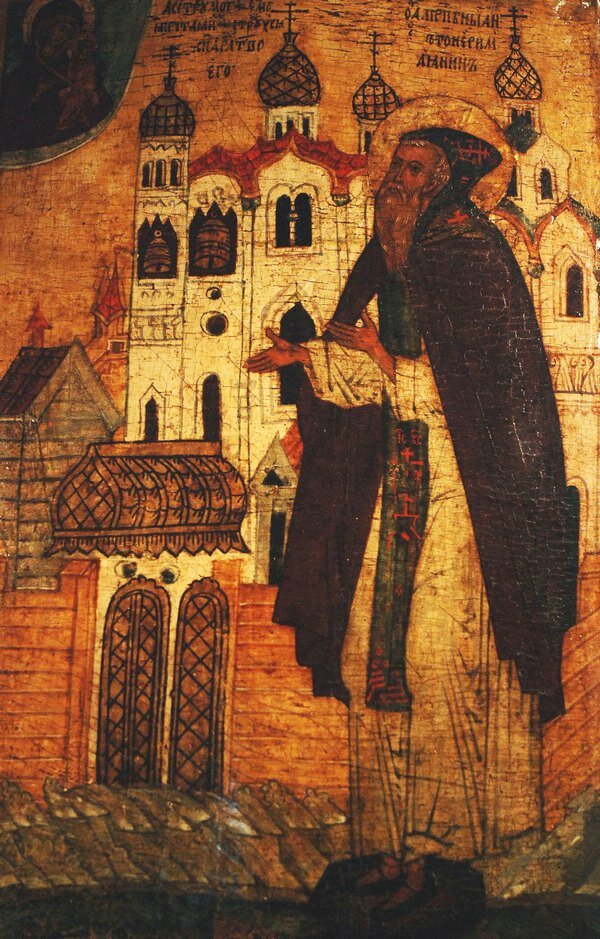 Преподобный Антоний Римлянин на фоне монастыря, Новгородские земли
