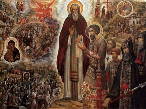 Святой Сергий Радонежский благословляет князя Димитрия Донского на Куликовскую битву.