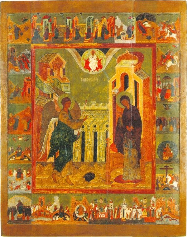 Икона Благовещение Пресвятой Богородицы, с Акафистом в 26-ти клеймах 1570-е г. Сольвычегодский Благовещенский собор