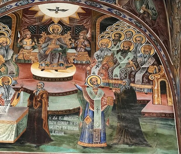 Св. Спиридон доказывает единосущность Трех Ипостасей Св. Троицы, а Св. Николай заушает Ария