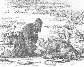  Епископ Кирилл находит обезглавленное тело великого князя Юрия на поле сражения на реке Сить. Верещагин Василий Петрович 