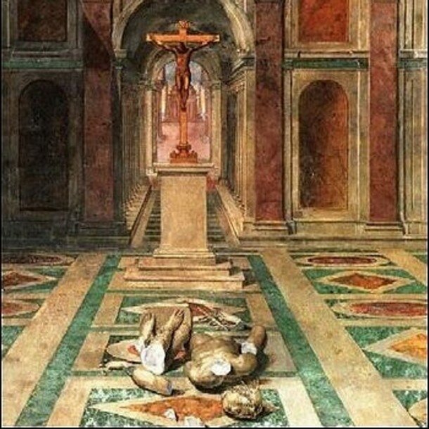 Триумф Креста над павшим языческим идолом был написан в 1585 году Томассо Лаурети по заказу Папы Григория XIII на потолке «trompe l'oeil» Зала ди Костантино в музее Ватикана. 